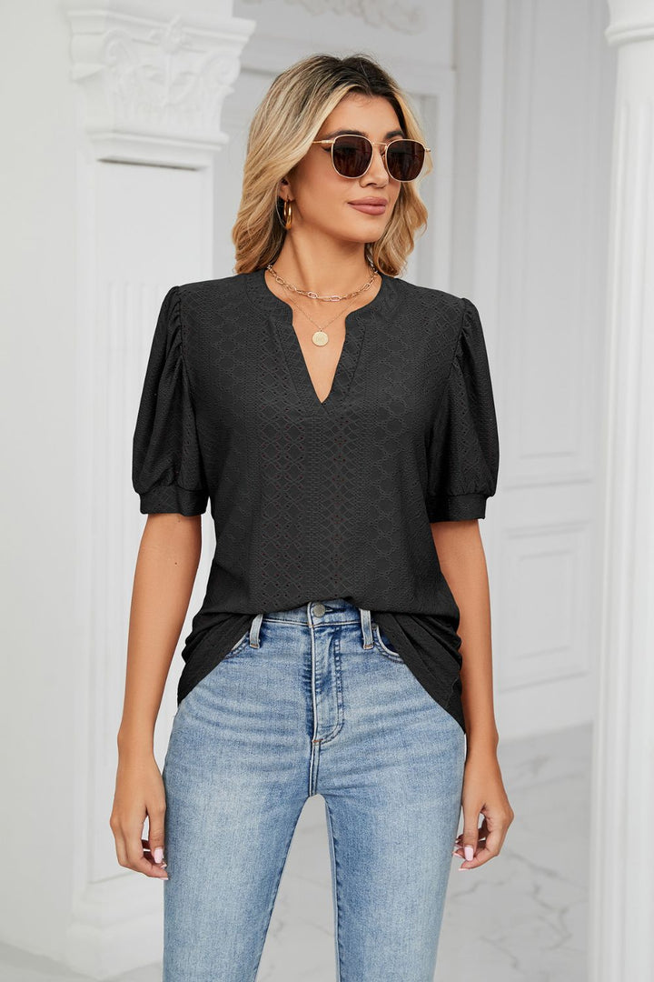 Black Eyelet puff sleeve top with notched V-neck