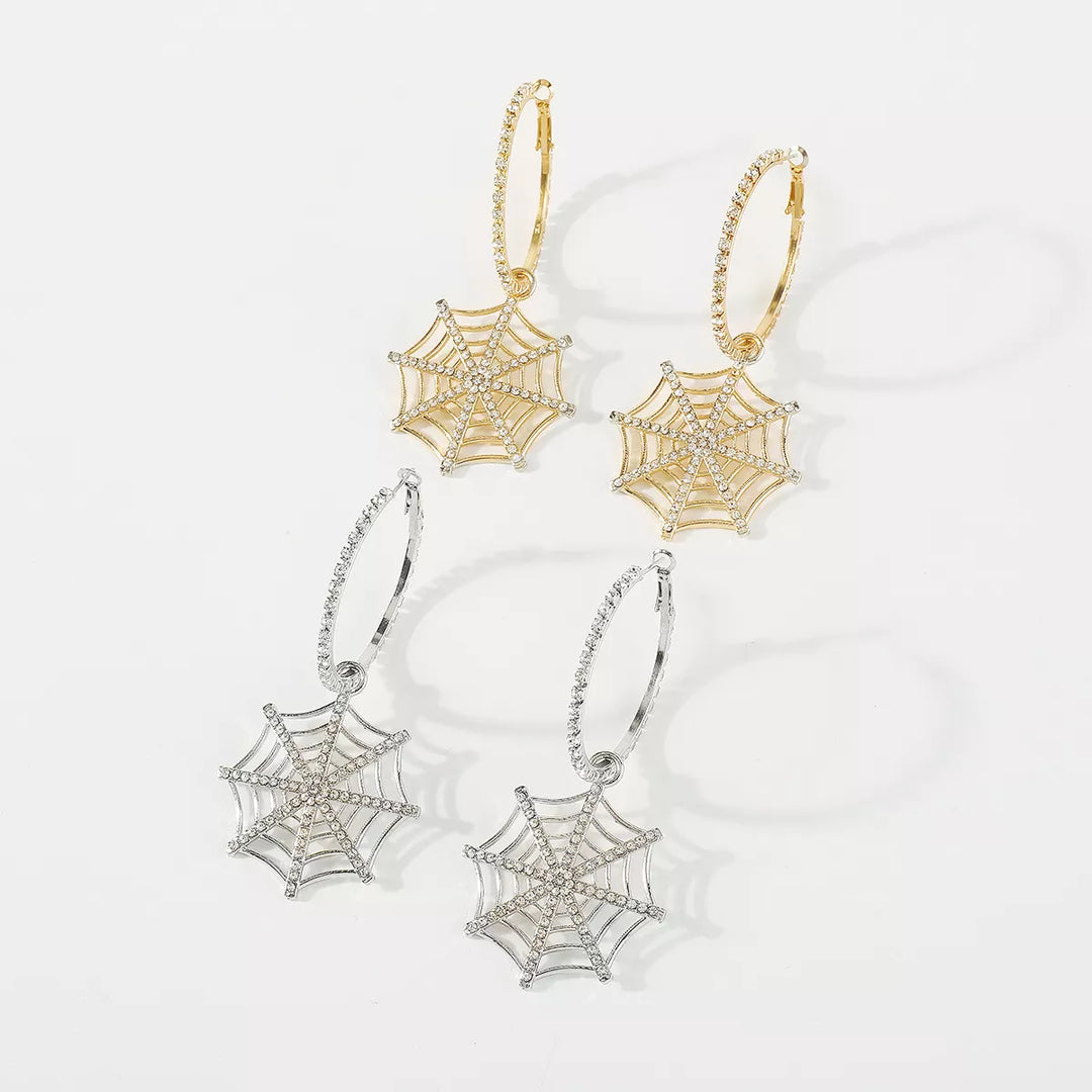 Rhinestone spider web dangle hoop earrings
