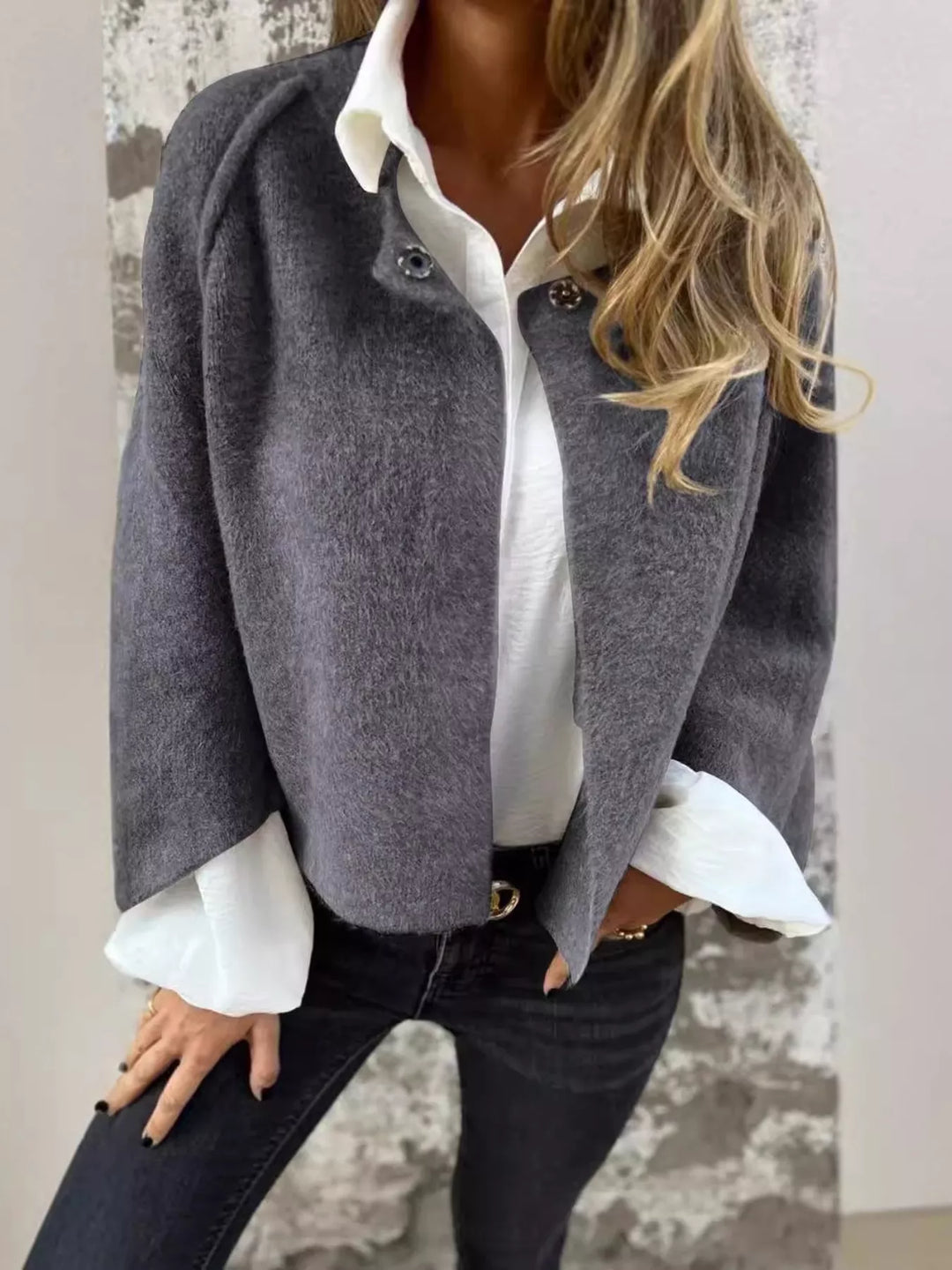 Gray Dropped shoulder fuzzy knit button-front cardigan