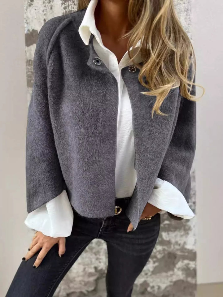 Gray Dropped shoulder fuzzy knit button-front cardigan