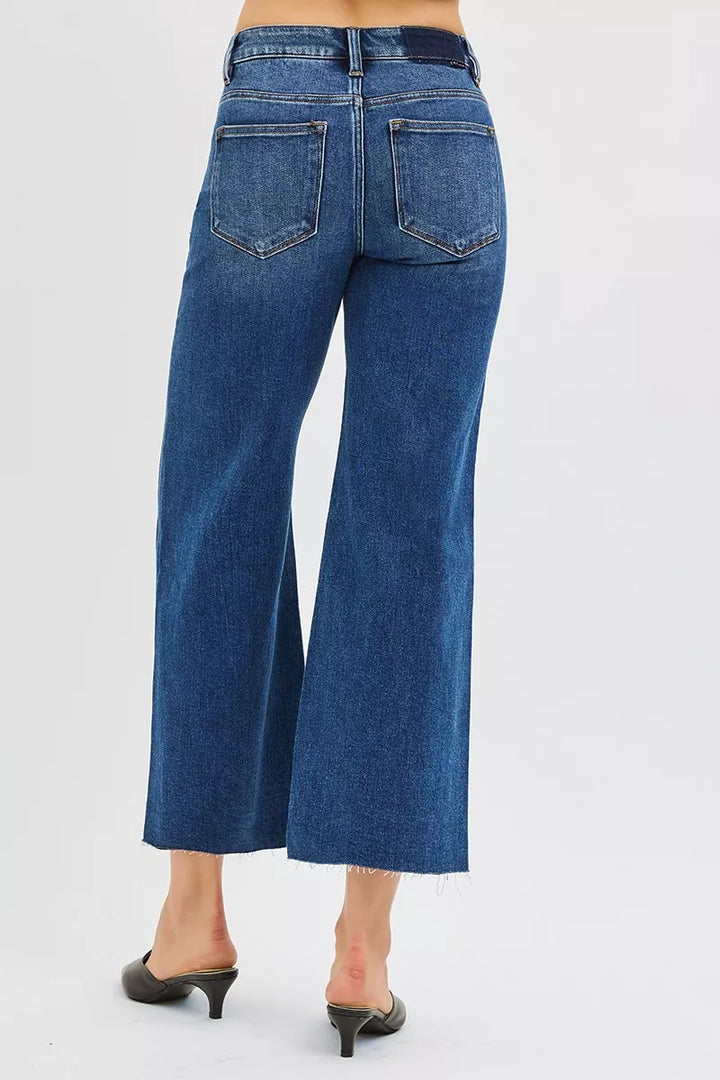 Mid-rise wide-leg cropped jeans with raw frayed hem