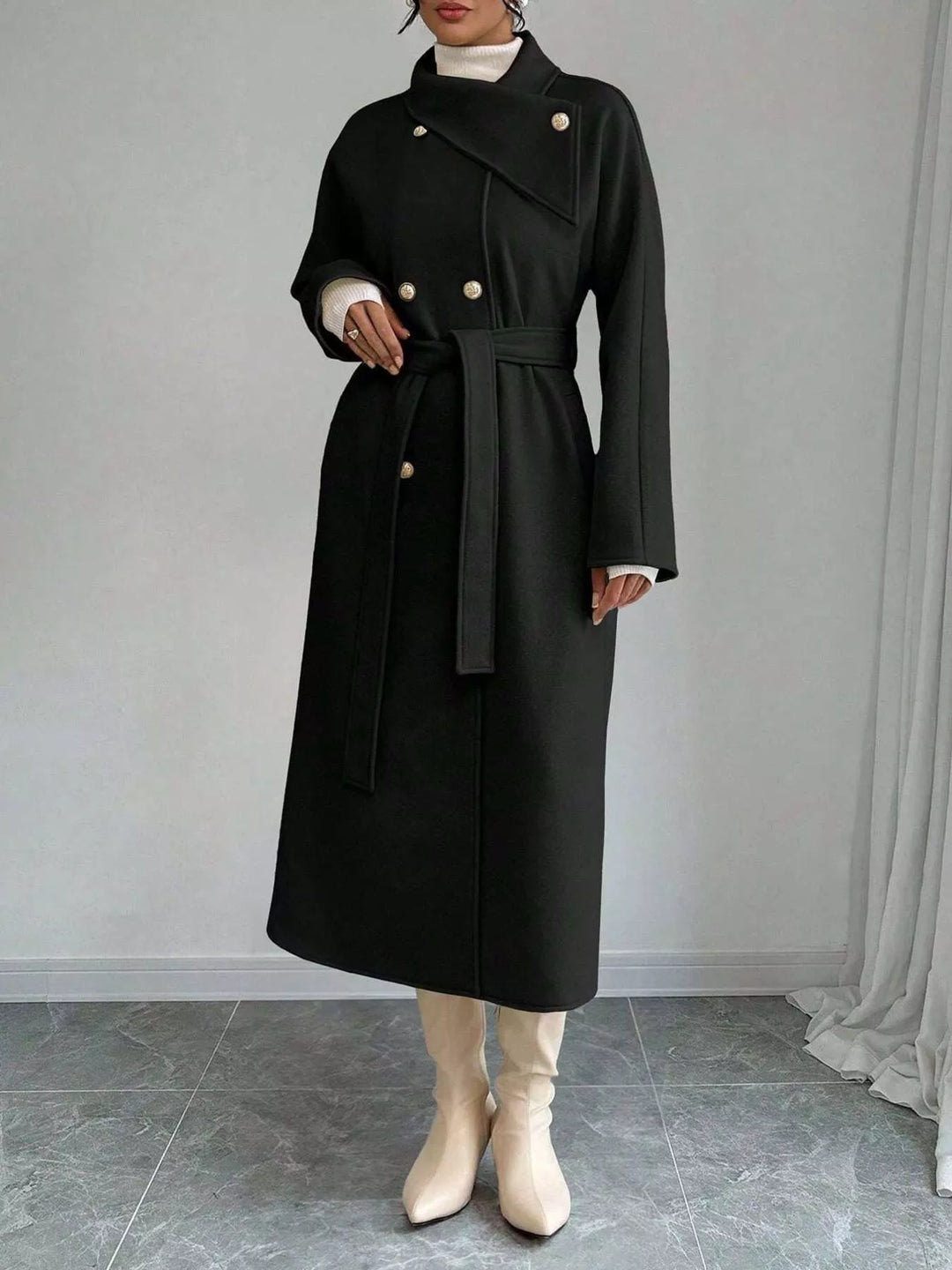 Double-breasted belted longline coat with stand collar
