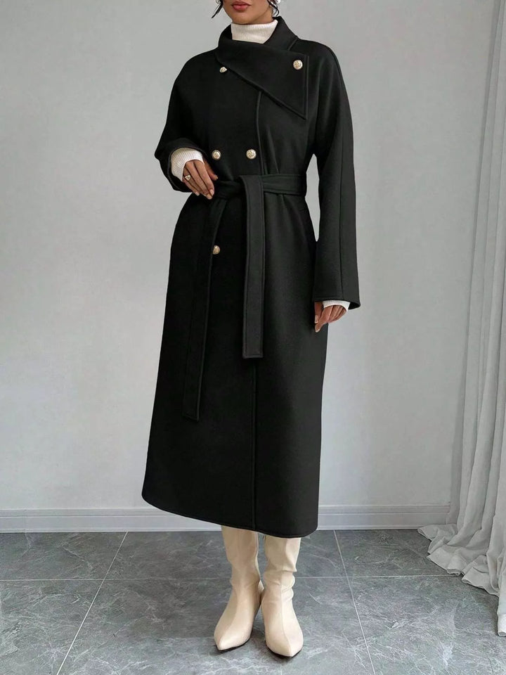 Double-breasted belted longline coat with stand collar