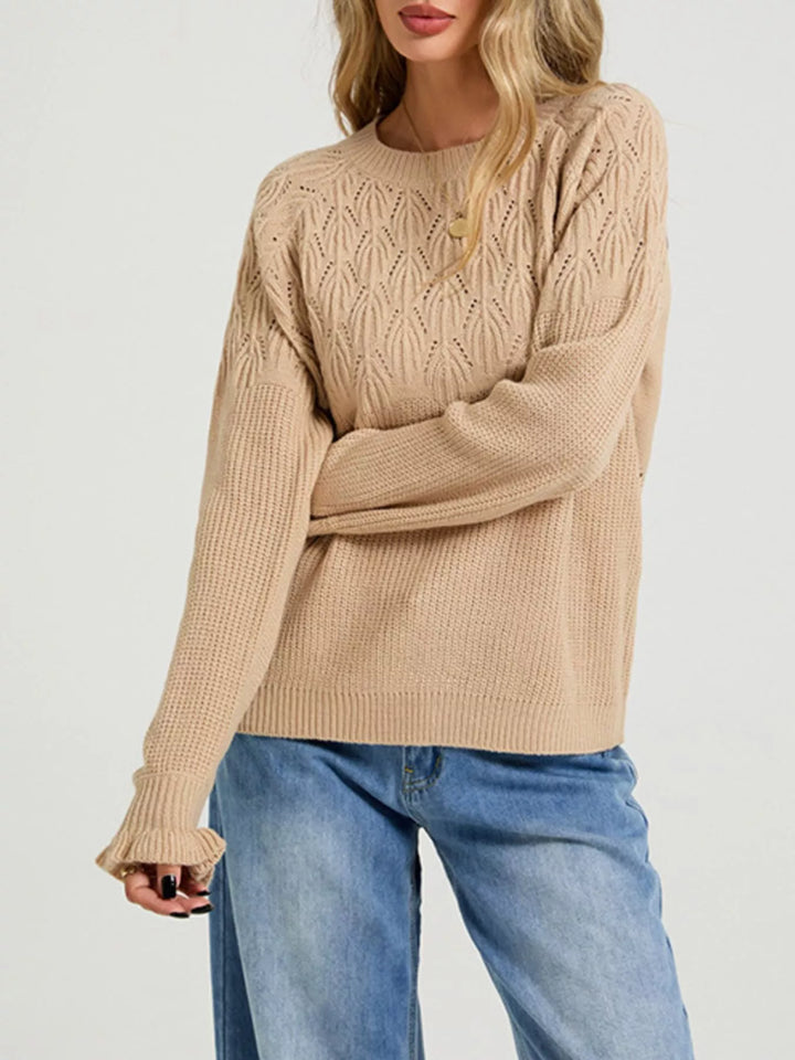 Khaki Pointelle openwork knit sweater with ruffle cuffs