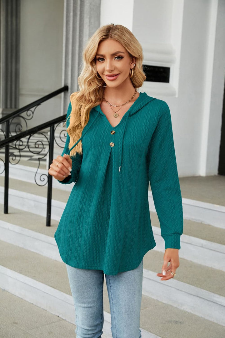 Teal Cable knit hooded top with tie neck and button placket