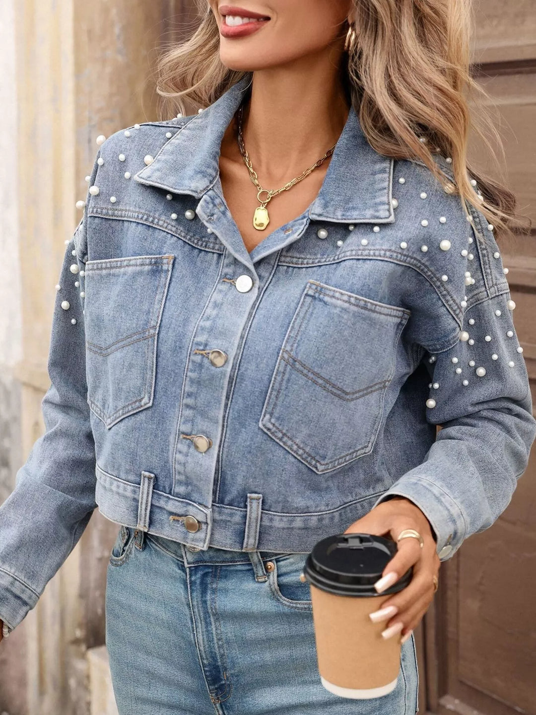 Pearl-embellished cropped denim jacket with patch pockets