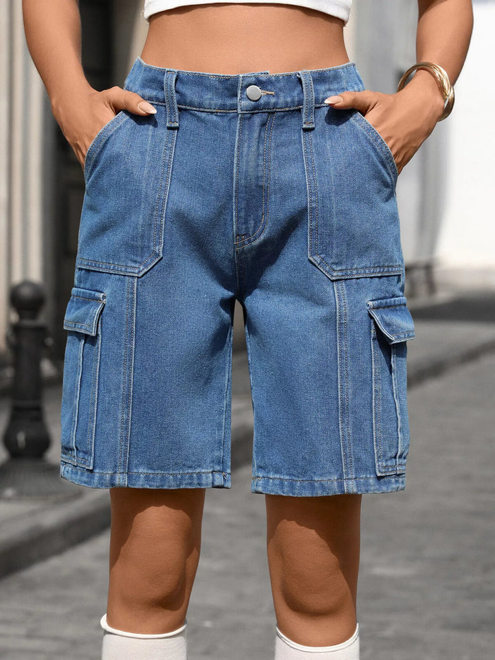 High-waisted cargo Bermuda denim shorts with flap pockets