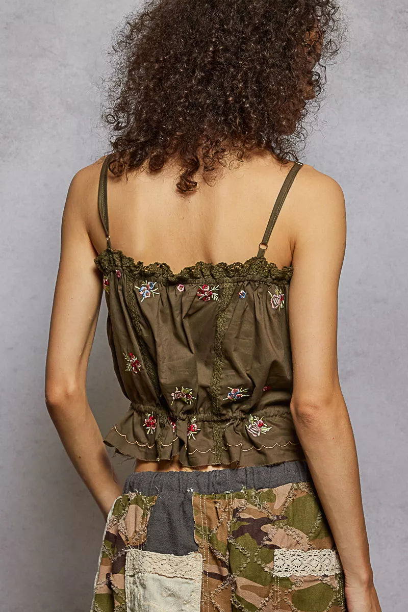 Floral embroidered button-down cropped cami with lace trim
