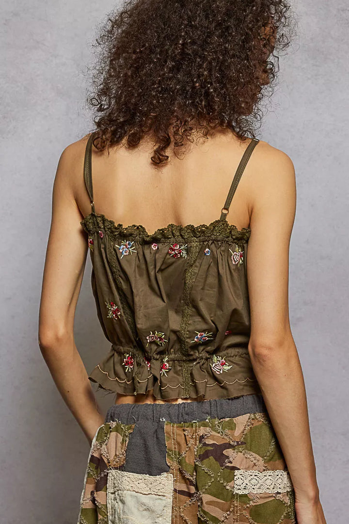 Floral embroidered button-down cropped cami with lace trim