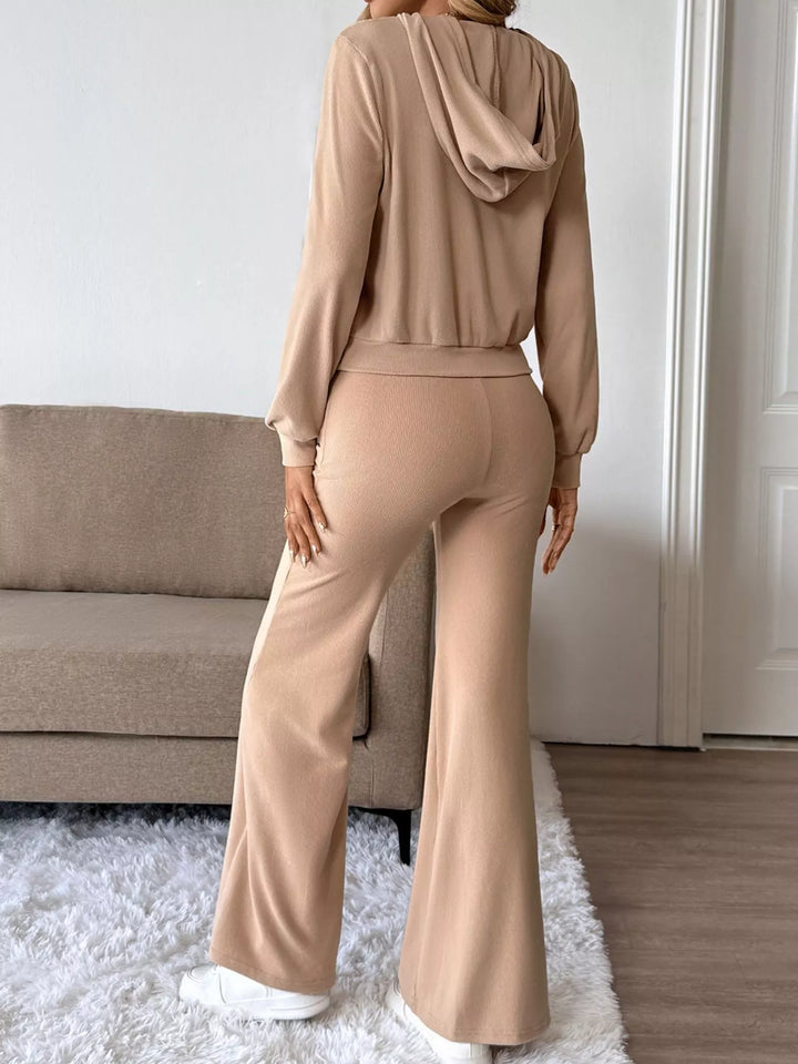 Ribbed knit hoodie and wide-leg pants two-piece set
