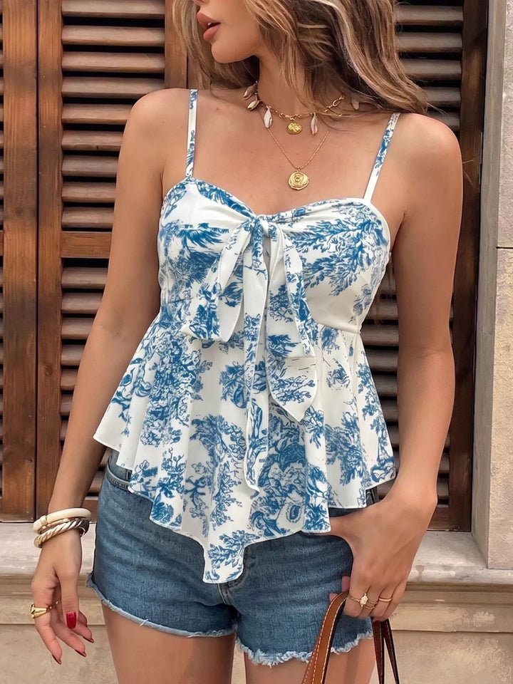 Blue Floral print tie-front cami with ruffle hem