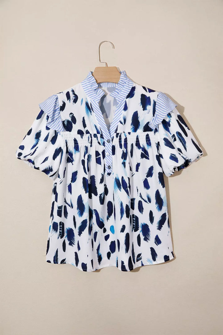 Abstract animal print blouse with striped ruffle yoke