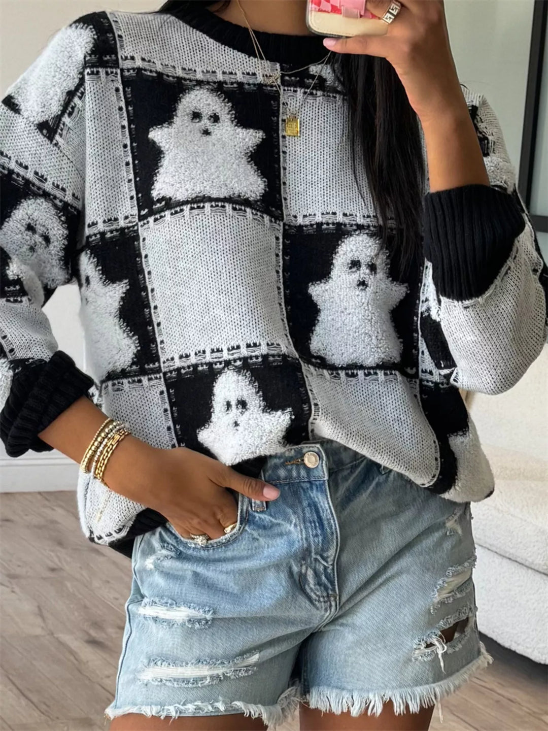 Black/White Fuzzy ghost checkered drop shoulder knit sweater