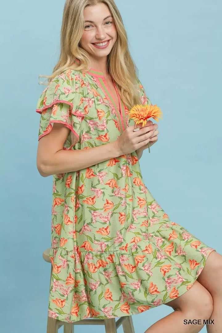 Floral tiered mini dress with flutter sleeves and split V-neck