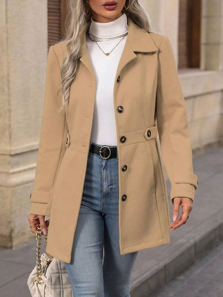 Khaki Notched lapel button-up coat with waist tabs