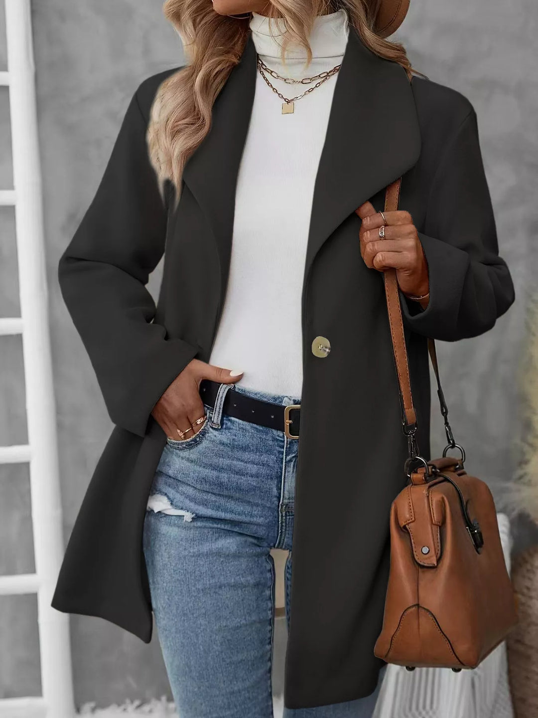Single-button lapel collar mid-length overcoat