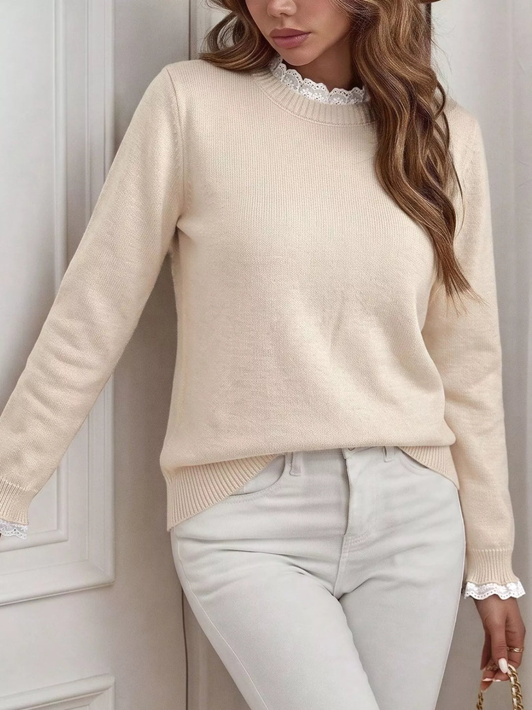 Lace trim crew neck knit sweater with ribbed cuffs