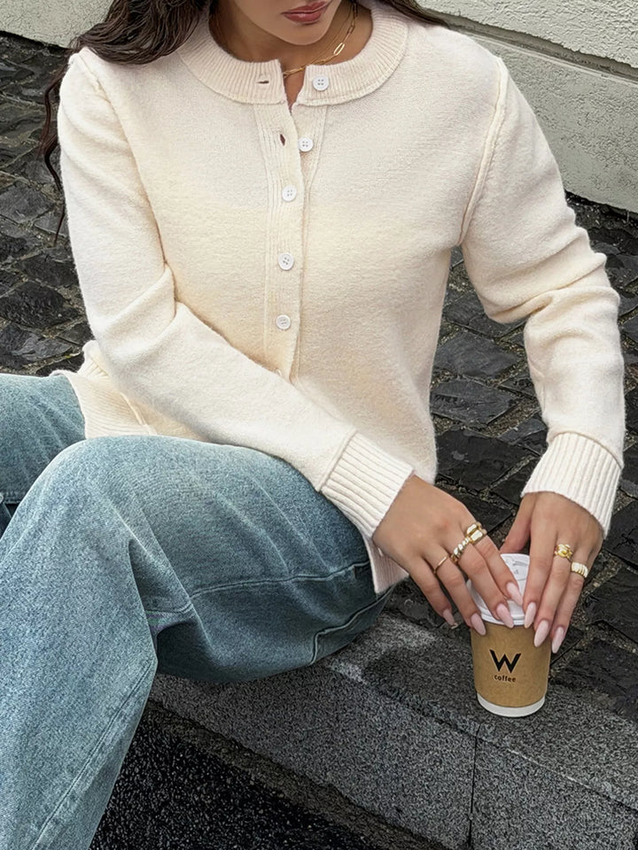 Button-front crew neck knit cardigan with ribbed trim