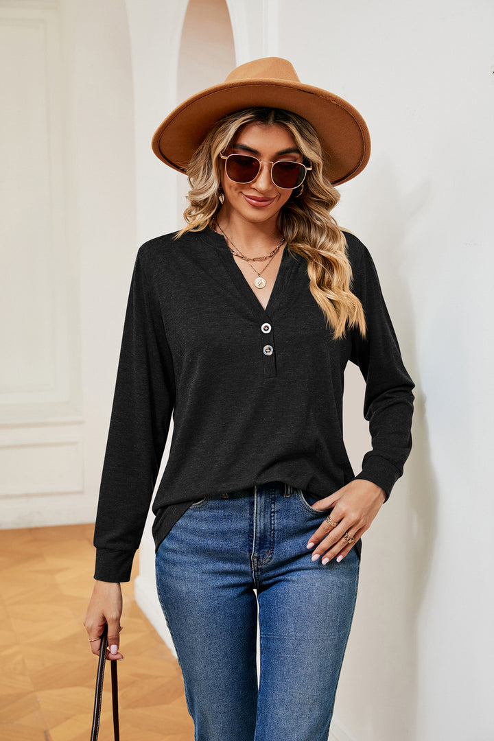 Black Notch neck long sleeve top with button placket