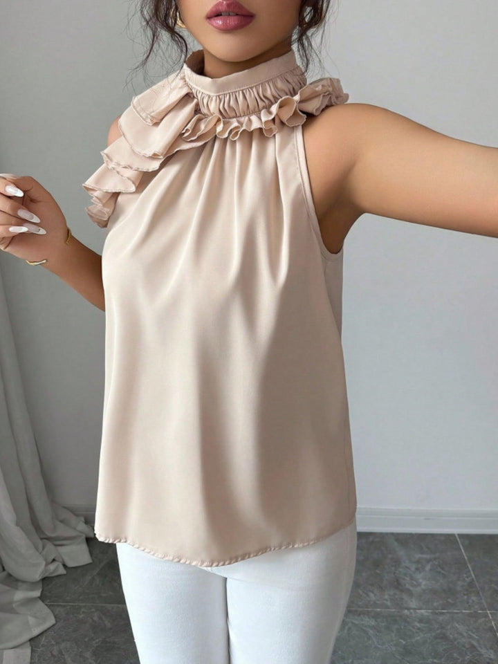 Flowy ruffle-trim high-neck sleeveless blouse
