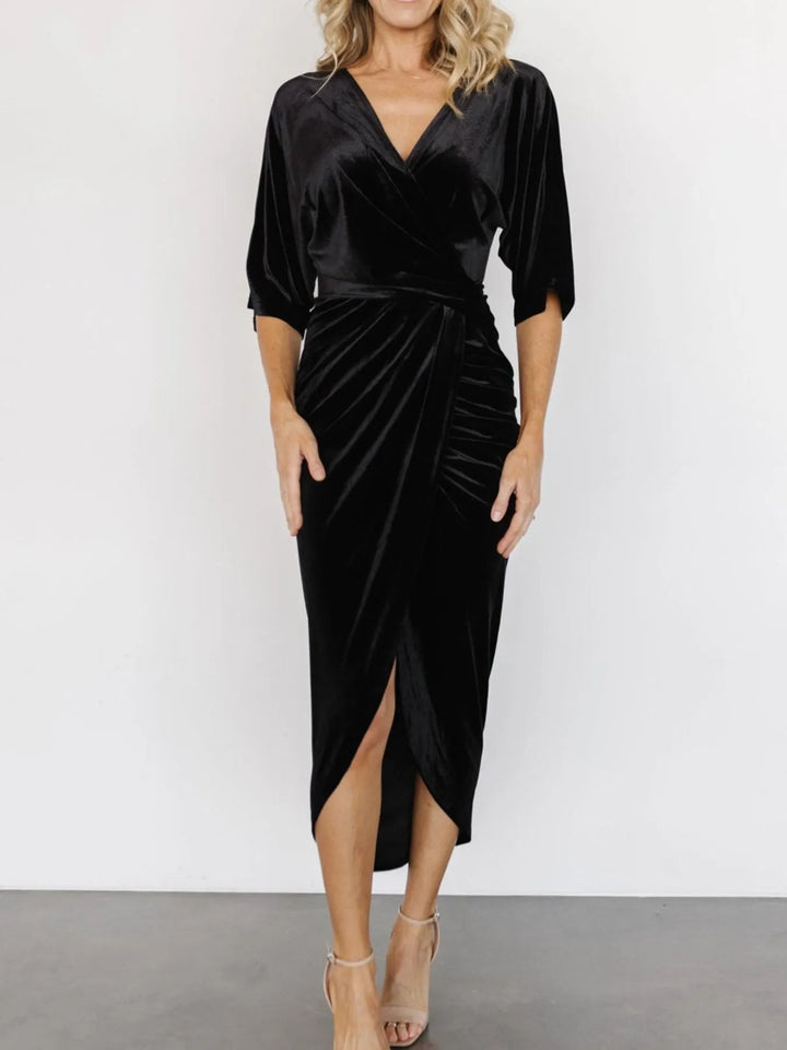 Ruched velvet wrap midi dress with surplice v-neck