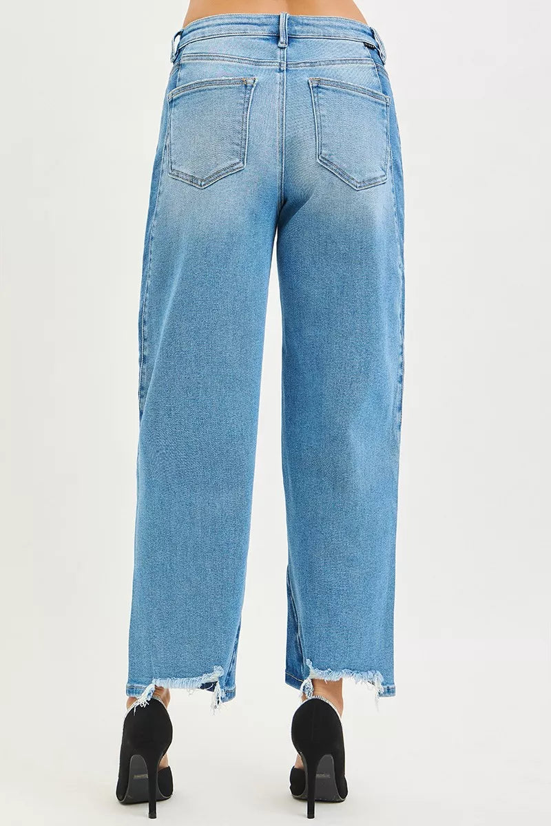 Slouchy cropped barrel-leg jeans with contrast wash and raw hem