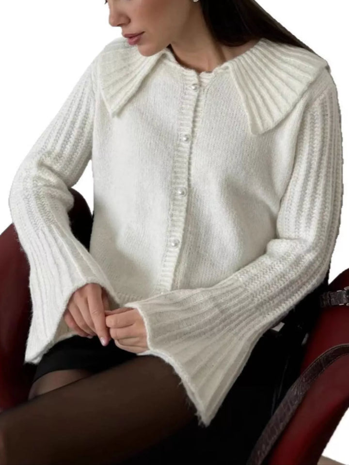Ribbed knit cardigan with oversized collar and bell sleeves