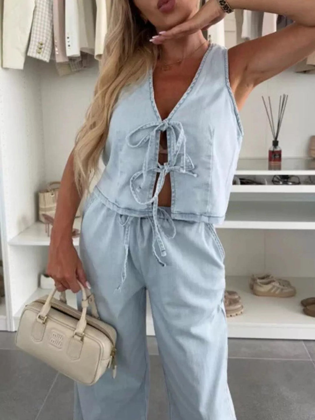 Light Blue Top Tie-front denim vest and wide-leg pants set