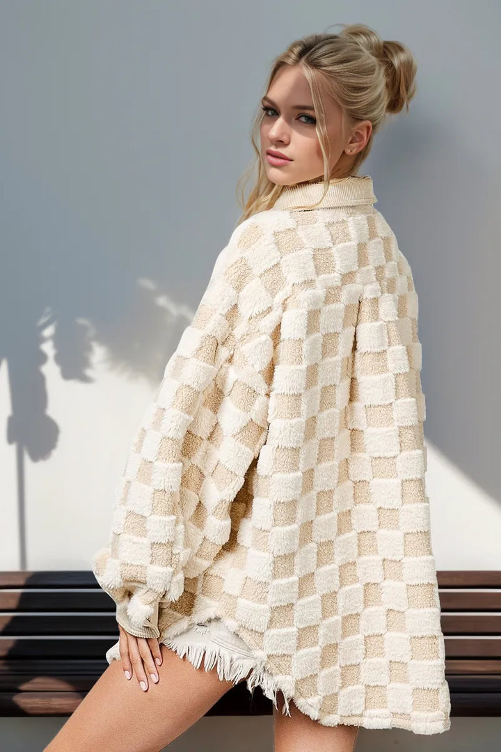 Fuzzy checkered snap-button shacket with corduroy trim