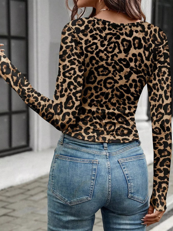 Leopard print square neck top with flared long sleeves