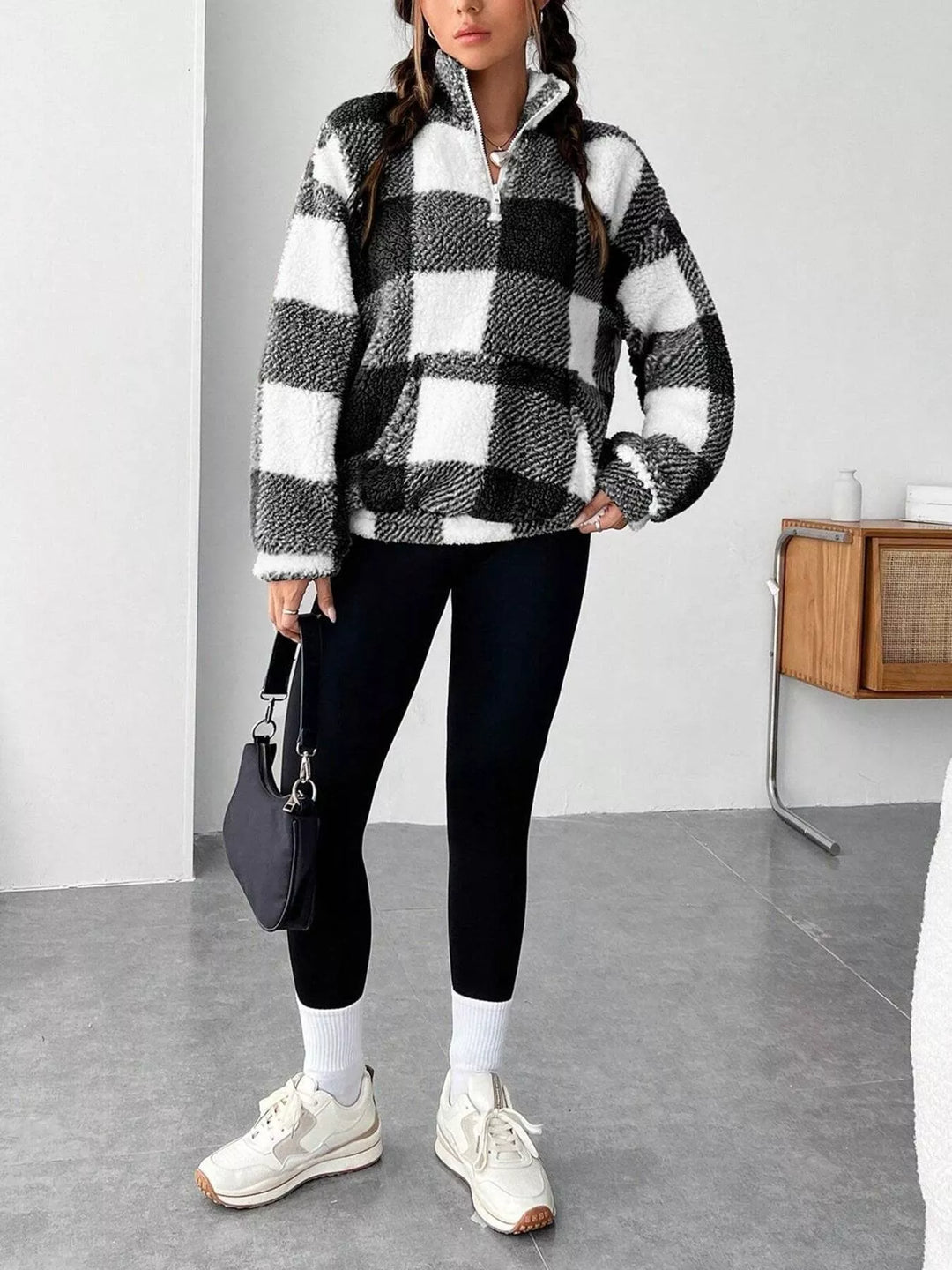 Plaid sherpa quarter-zip pullover with front pocket