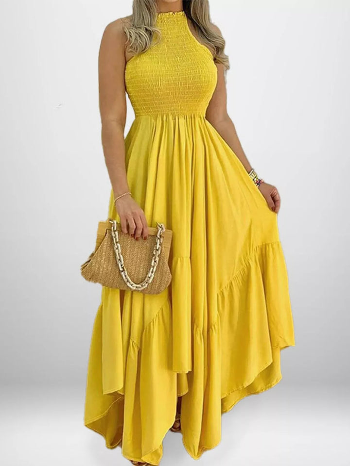 Smocked sleeveless tiered maxi dress with ruffle hem