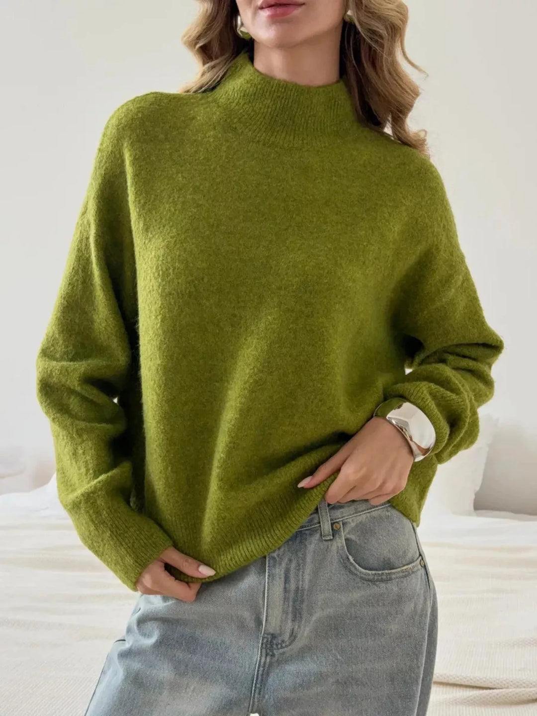 Moss Ribbed mock neck dropped shoulder knit sweater