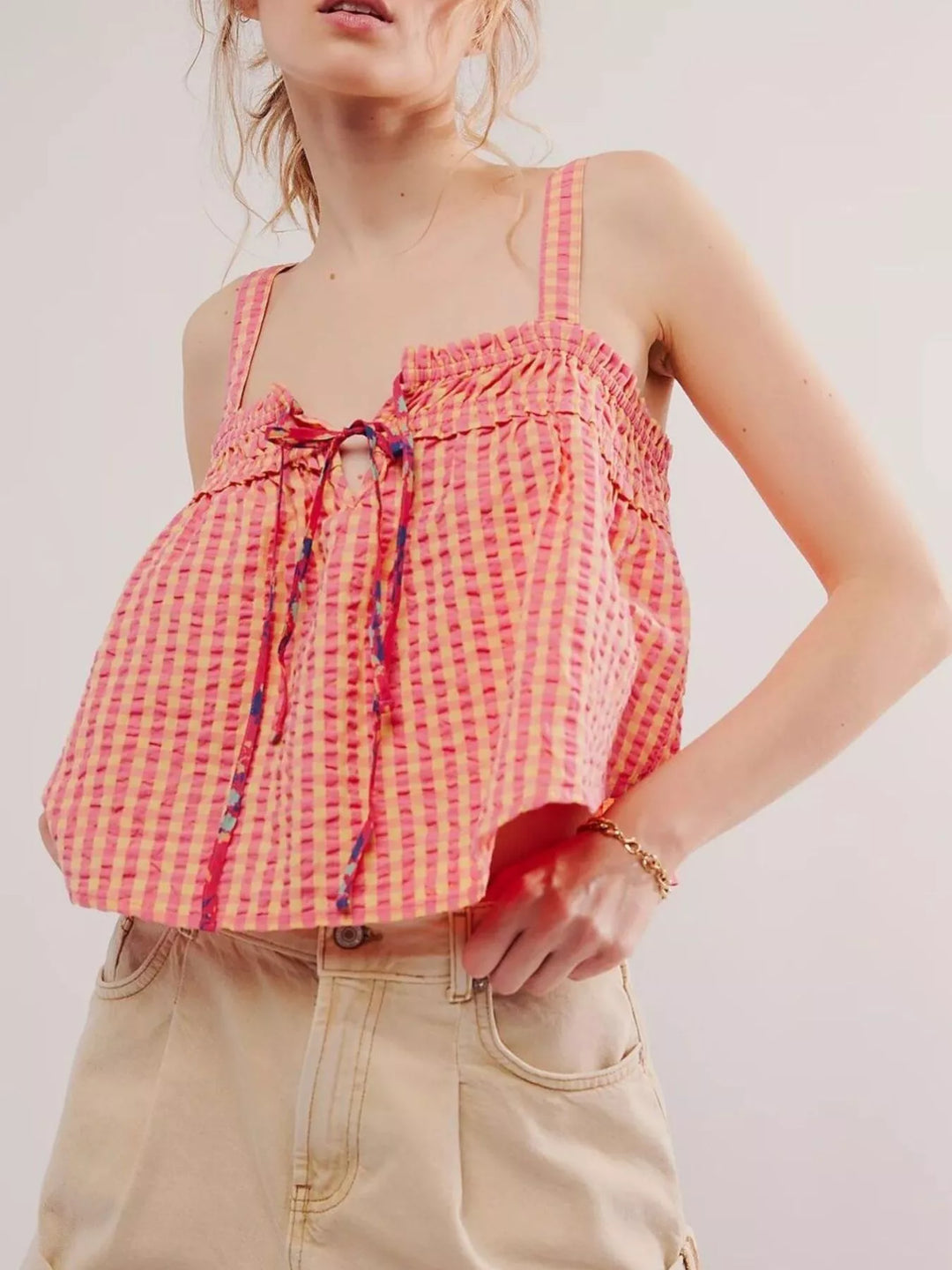 Sherbet Smocked gingham tie-front cami with adjustable straps