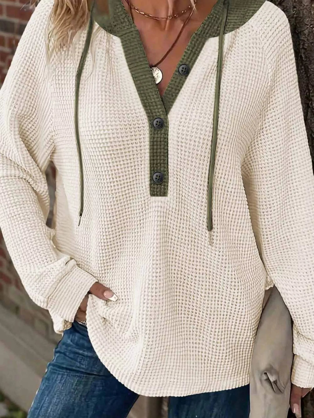 Waffle knit button-front hoodie with contrast trim
