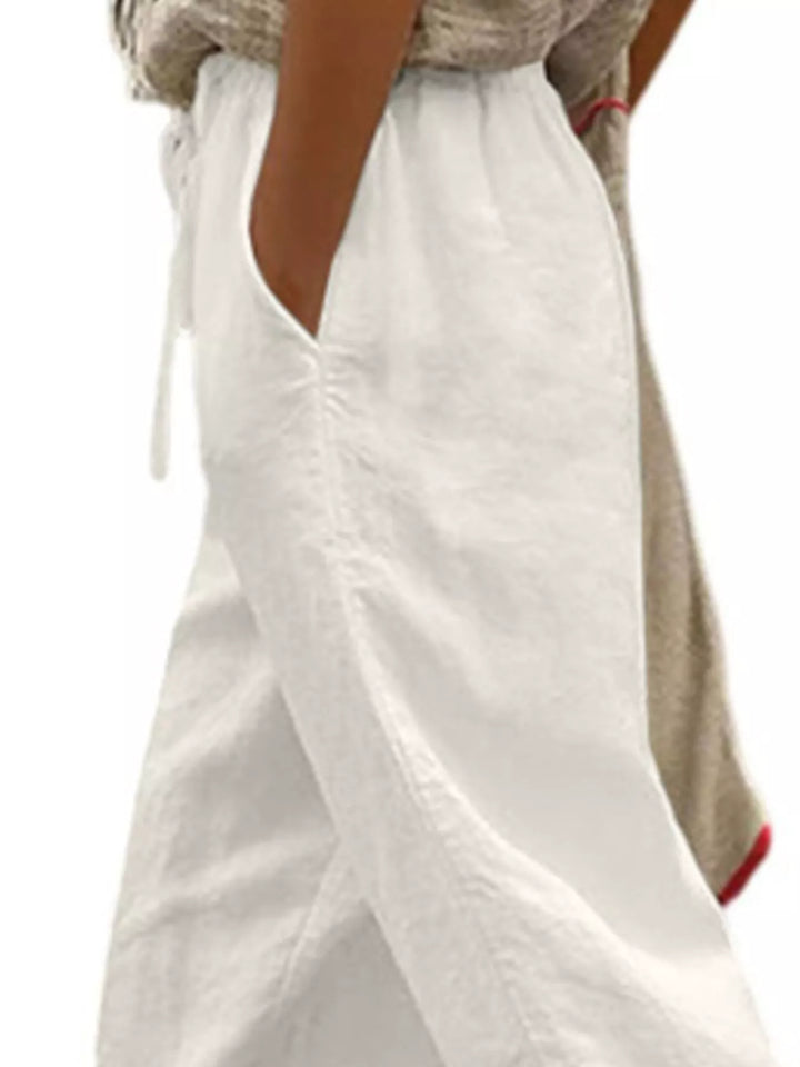 Drawstring linen-look cropped pants with side pockets