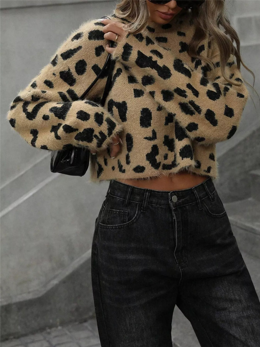 Leopard Fuzzy leopard cropped sweater with mock neck