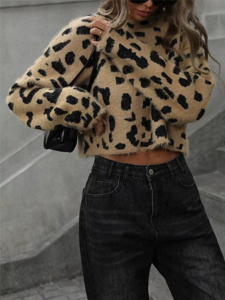 Leopard Fuzzy leopard cropped sweater with mock neck