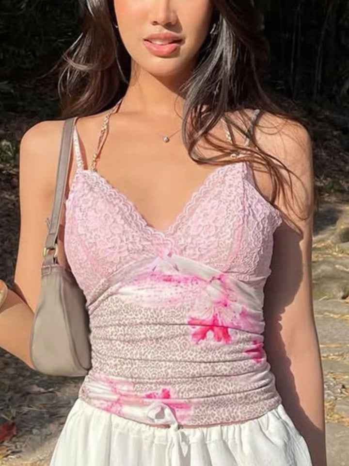 Lace trim ruched cami with leopard print and bow