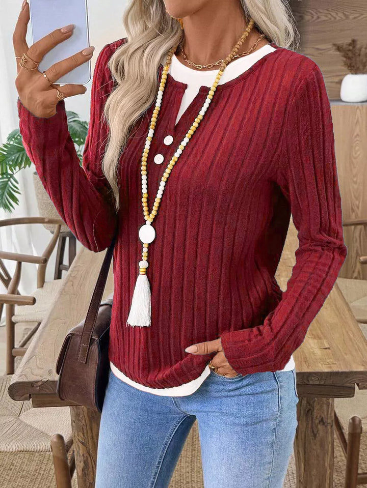 Ribbed knit long sleeve henley with contrast trim