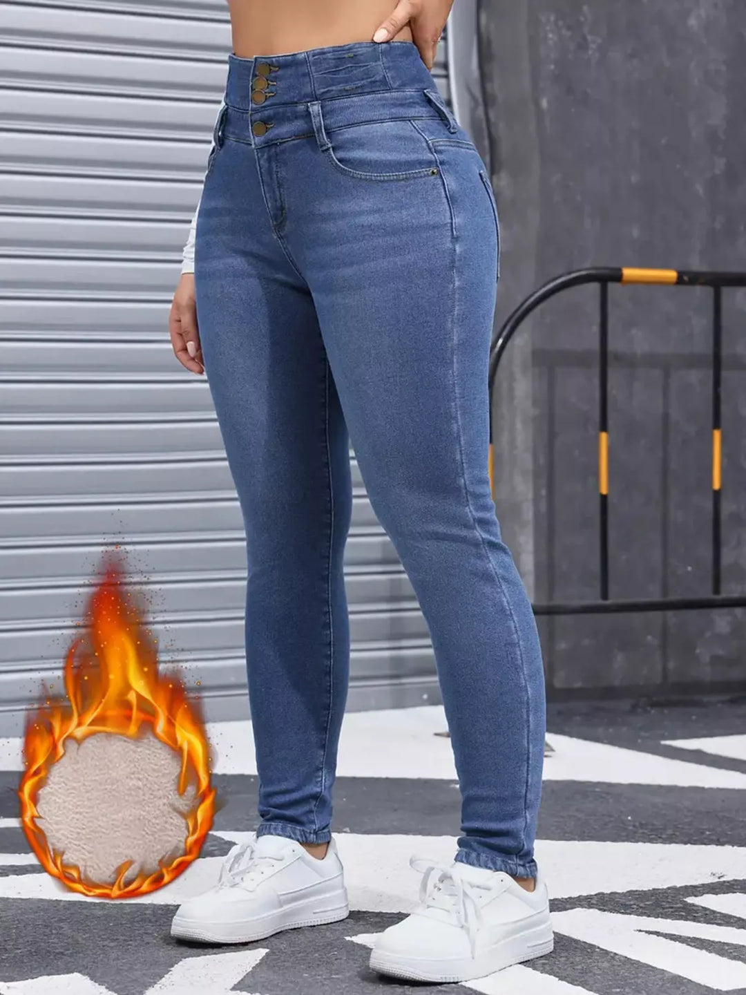 High-rise fleece-lined skinny jeans with stacked button waist