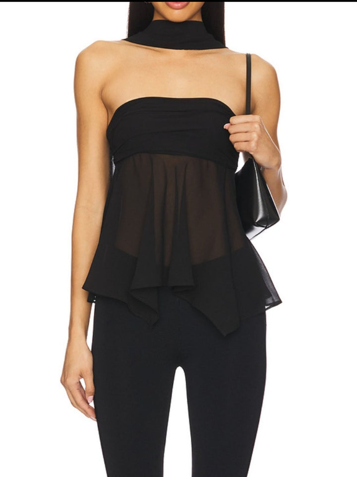 Black Sheer strapless tube top with handkerchief hem and scarf