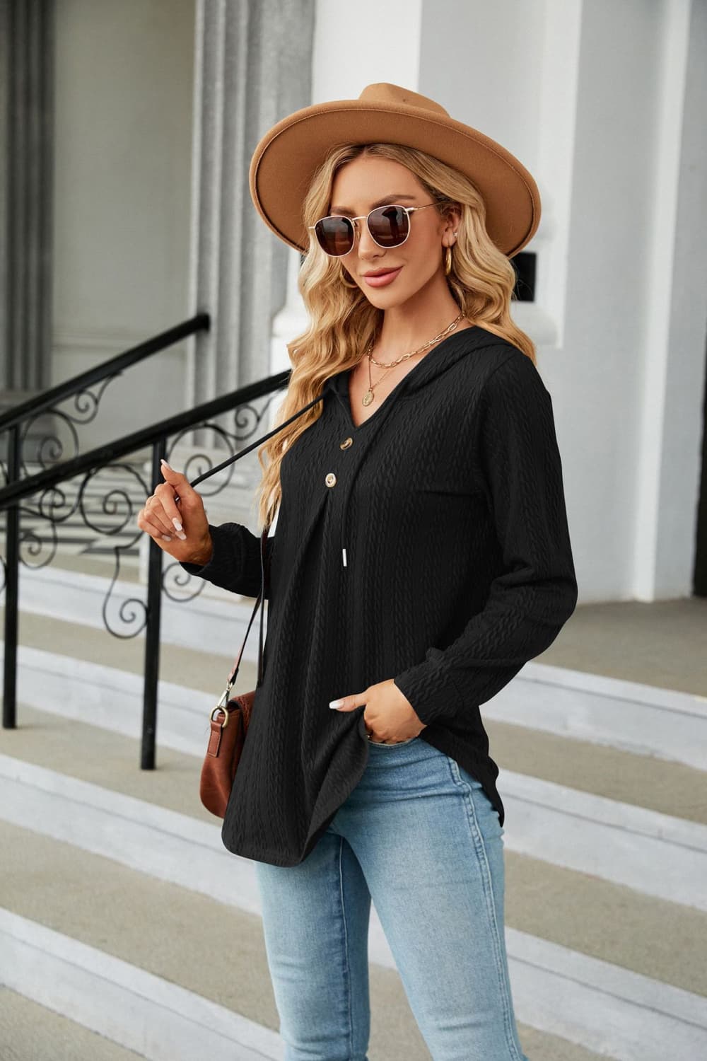 Cable knit hooded top with tie neck and button placket