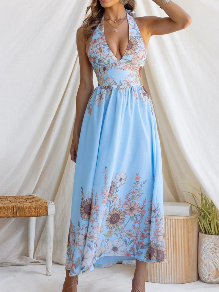Sunflower print halter maxi dress with plunge neckline
