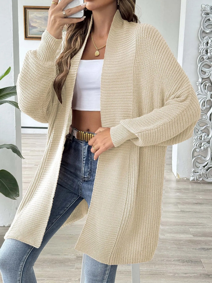 Waffle knit open front cardigan with dolman sleeves