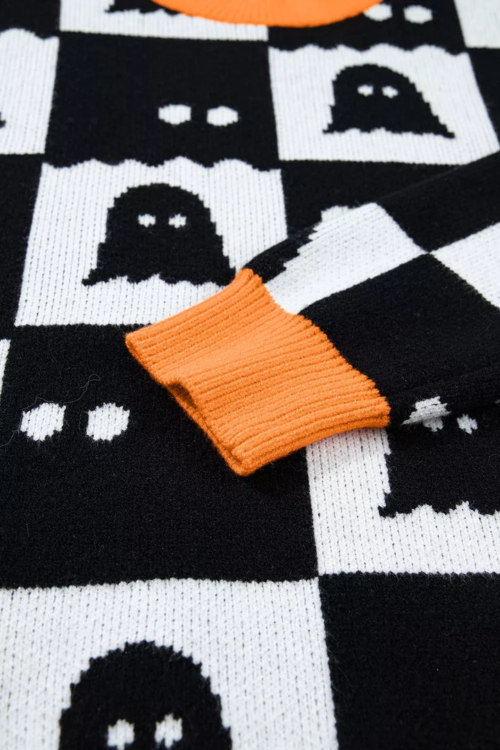 Ghost checkerboard knit sweater with contrast ribbed trim
