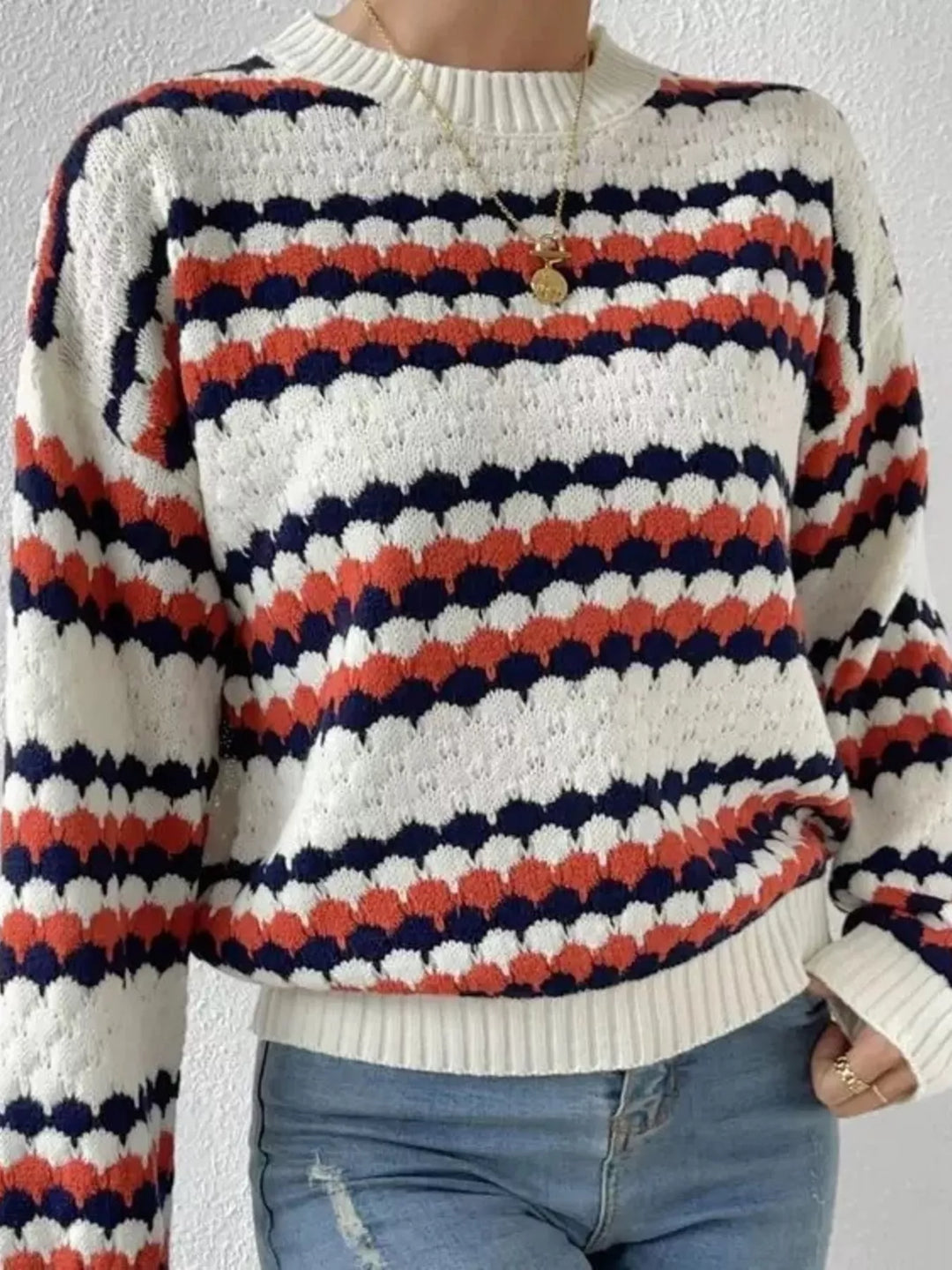 Textured stripe open-knit round neck sweater