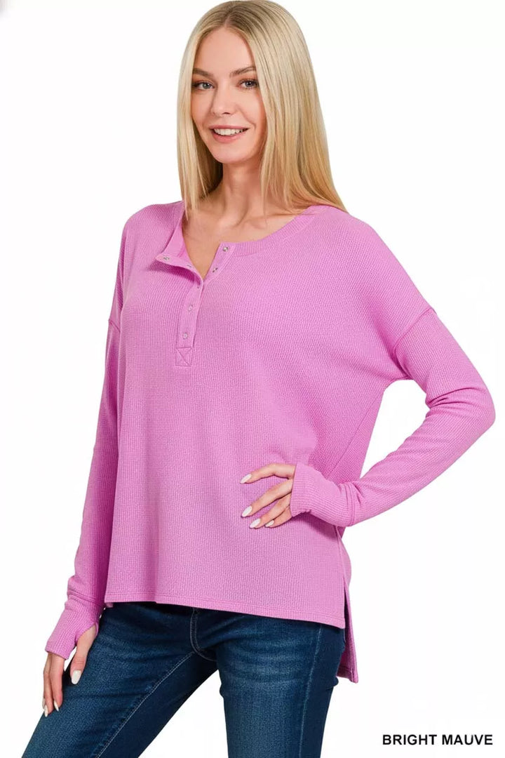 Waffle knit henley top with thumb hole cuffs