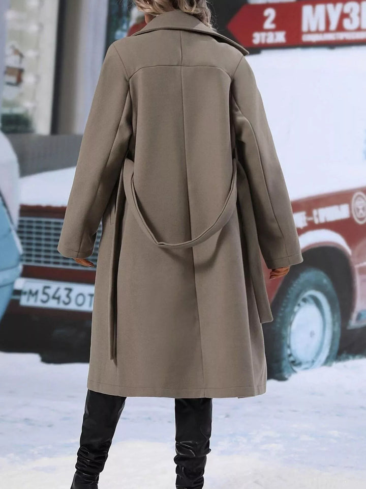 Double-breasted tie-waist long coat with notch lapels