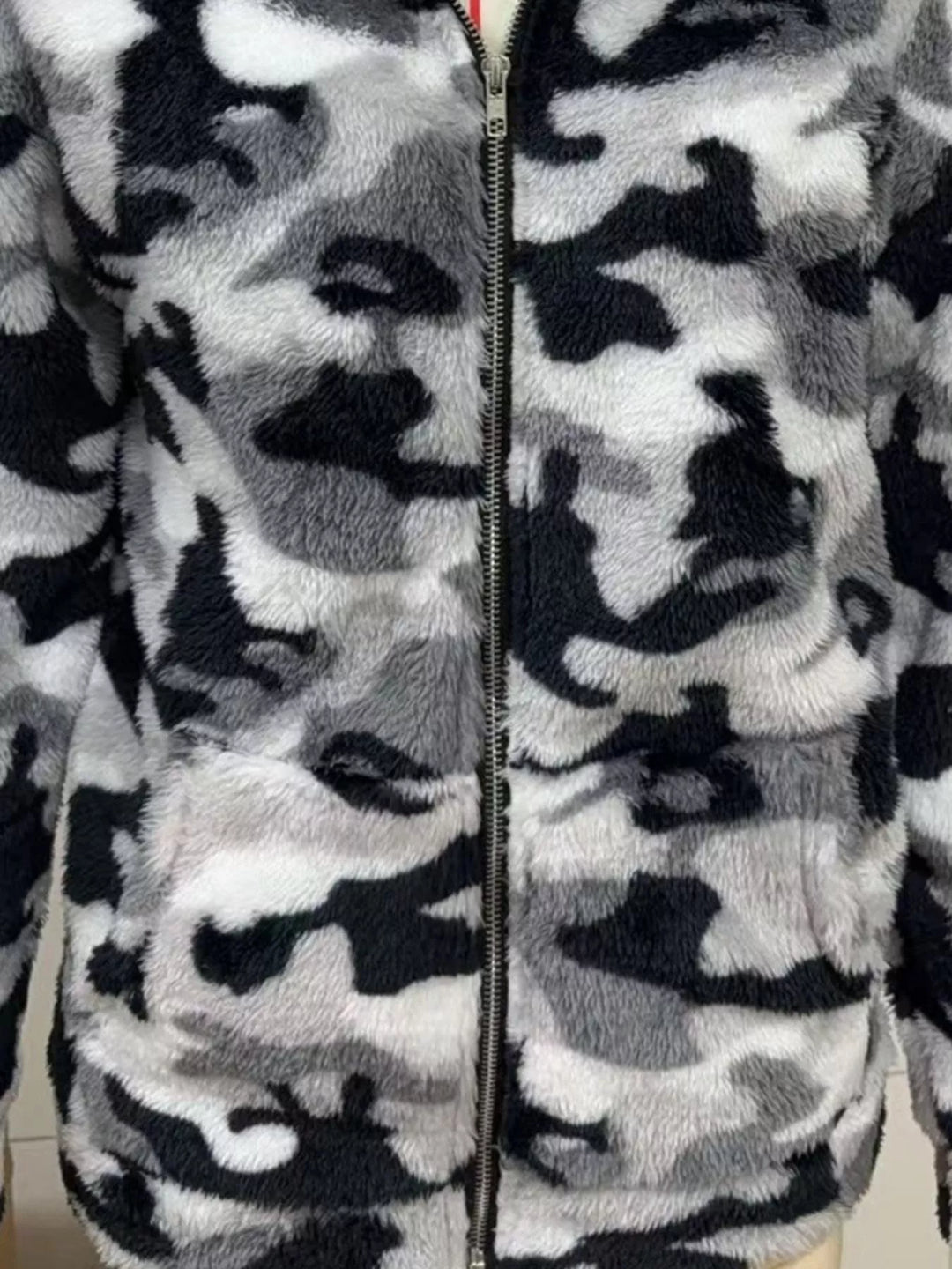 Cropped fuzzy camo zip-up fleece hoodie jacket